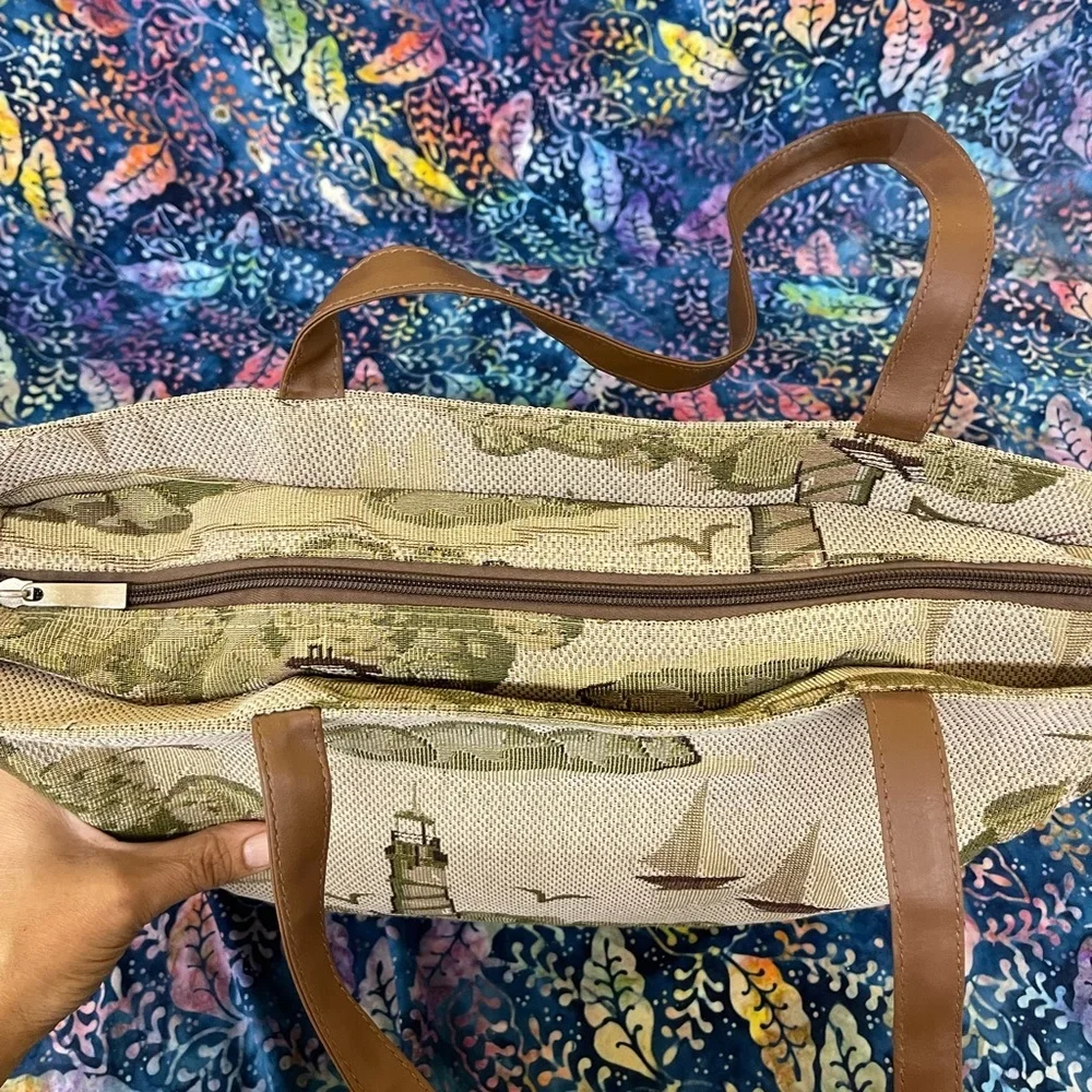 Vintage Lighthouse and sailboat tapestry bag Large